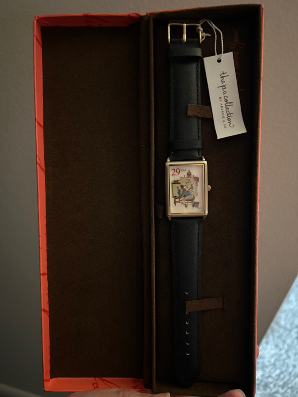 The Paperdoll Co. Black Leather Strap Watch with Vintage Stamp Norman Rockwell